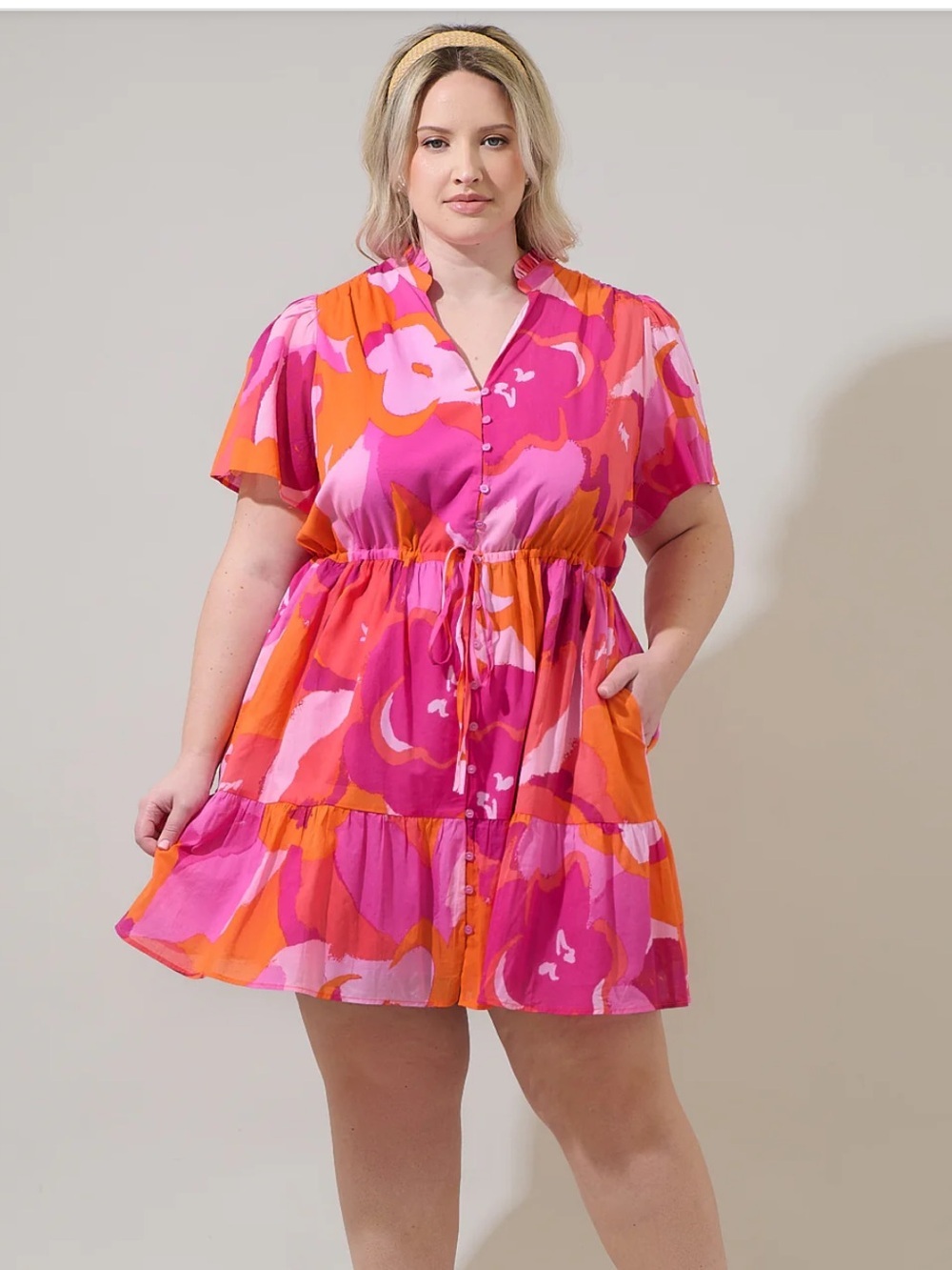 Merim Floral Amo Button Up Mini Dress Size Large Vacation Summer Tie Waist